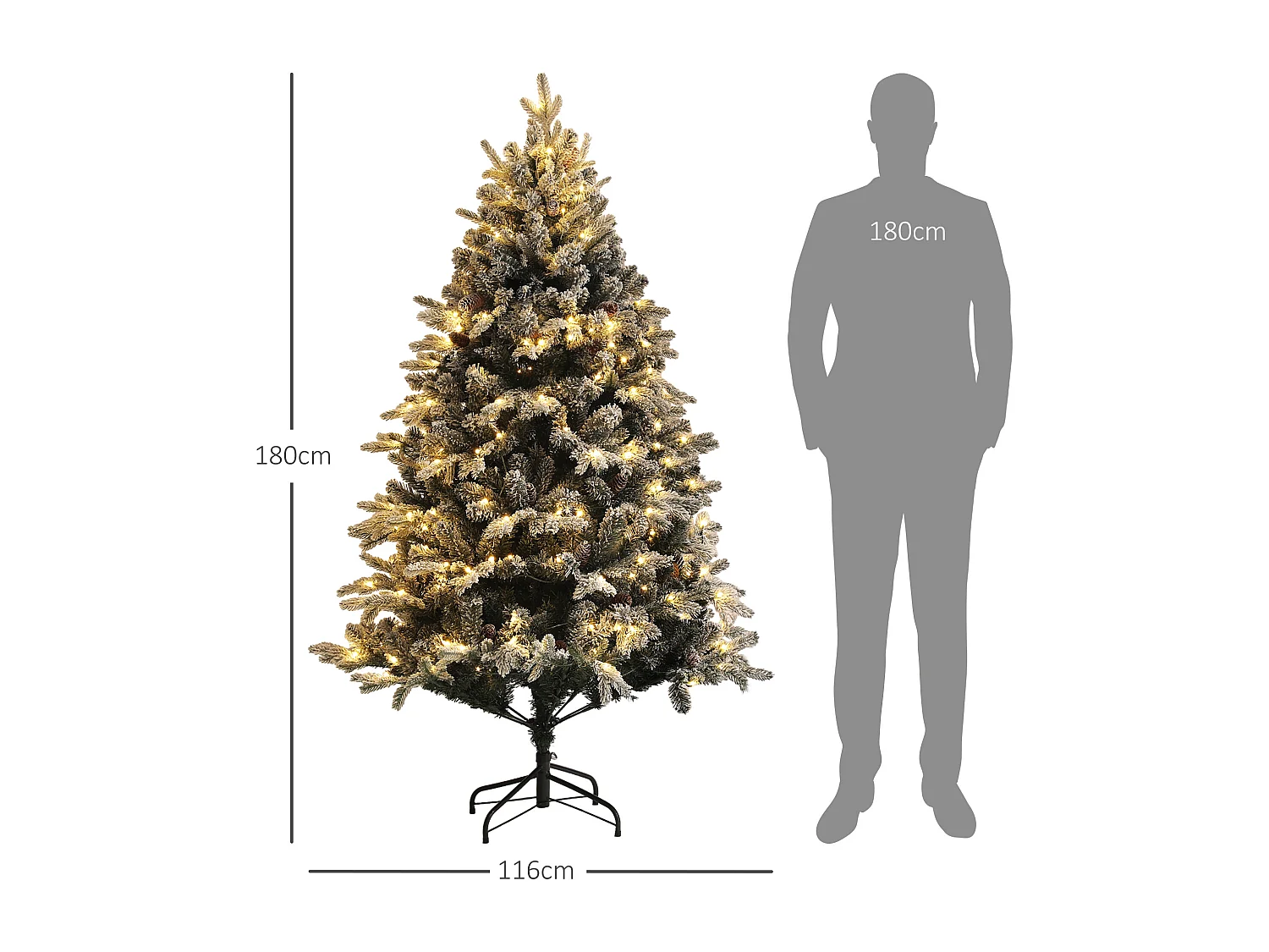 Sapin de Noël artificiel LED enneigé H. 180 cm - 200 LEDs blanc chaud, 793 branches - vert blanc