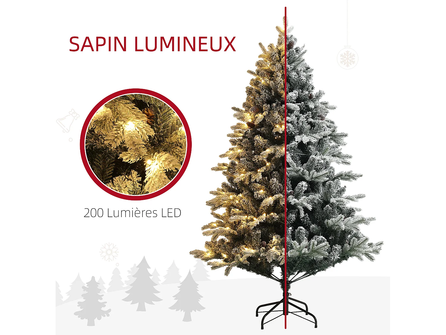Sapin de Noël artificiel LED enneigé H. 180 cm - 200 LEDs blanc chaud, 793 branches - vert blanc