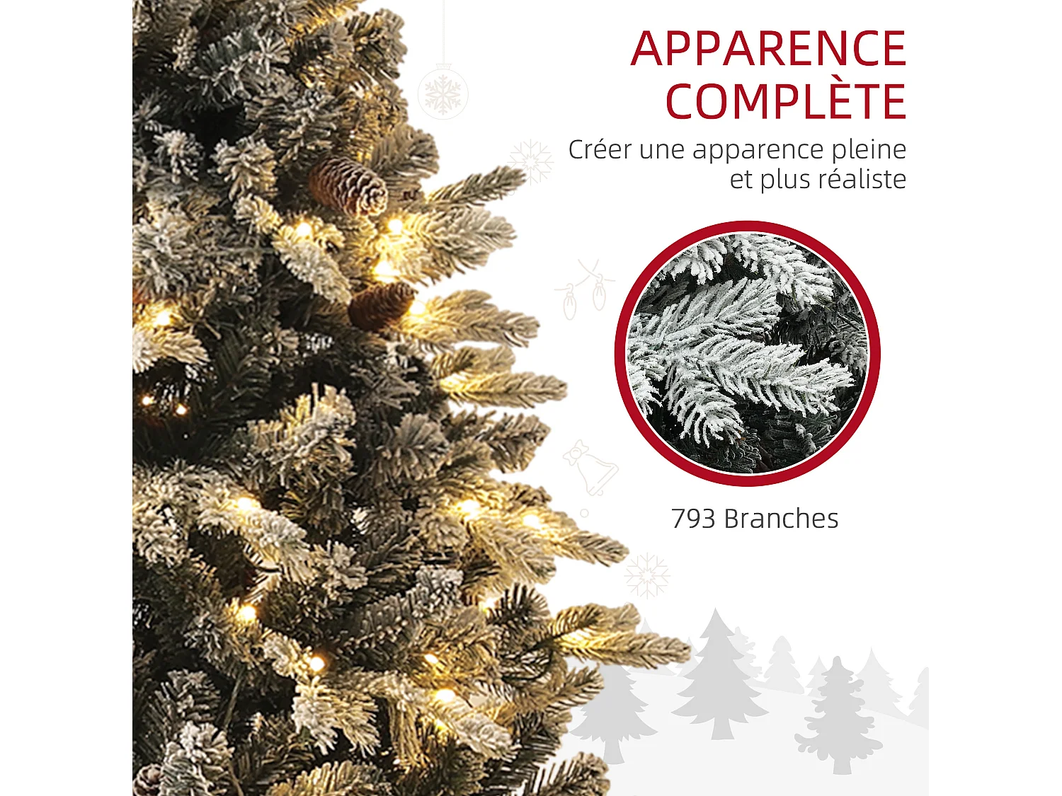 Sapin de Noël artificiel LED enneigé H. 180 cm - 200 LEDs blanc chaud, 793 branches - vert blanc