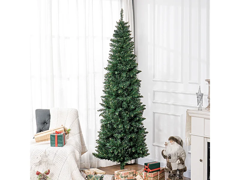 Sapin de Noël artificiel 210 cm slim avec support en acier pliable, 687 branches épines, décoration de Noël effet réaliste, vert