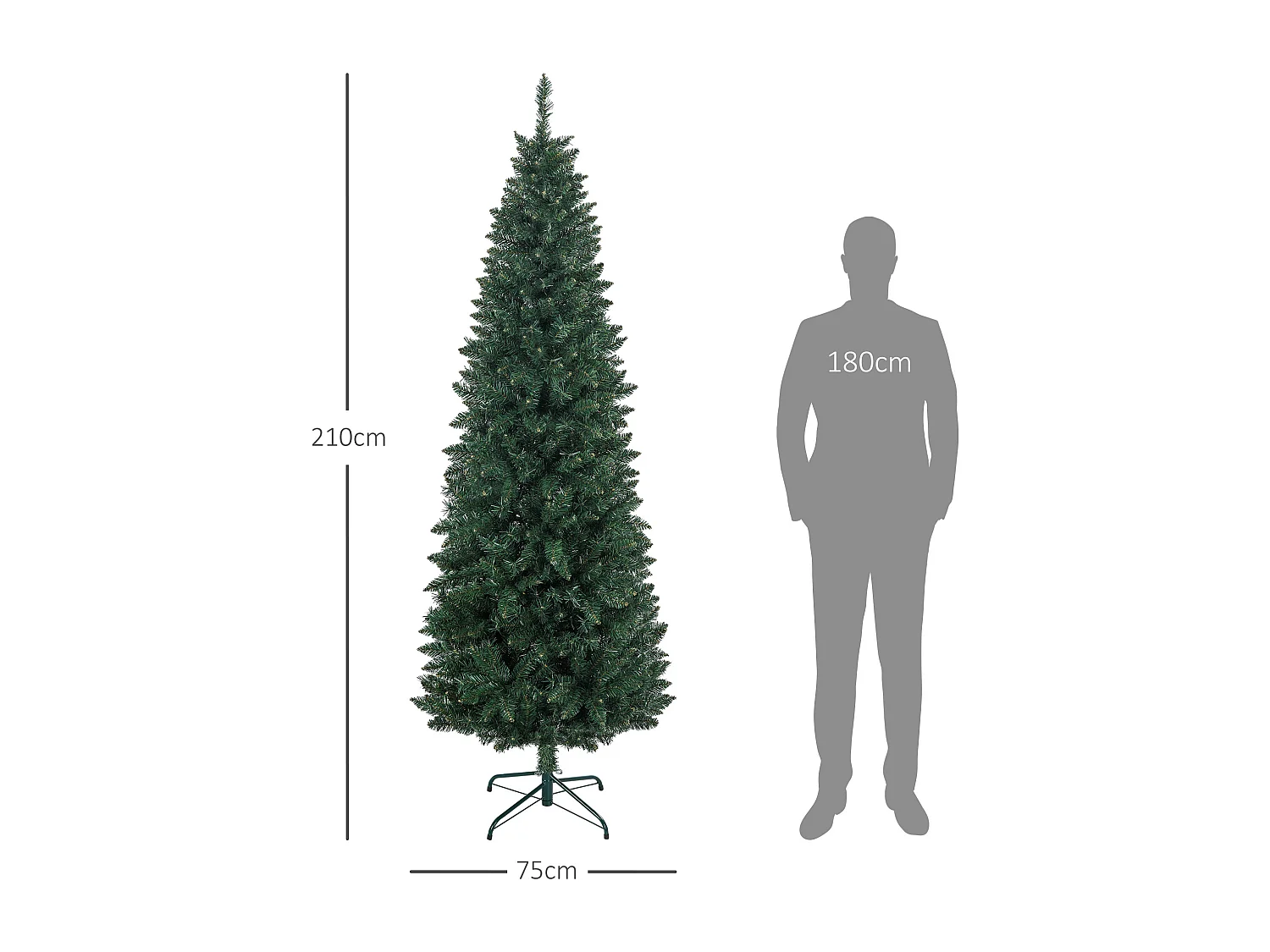 Sapin de Noël artificiel 210 cm slim avec support en acier pliable, 687 branches épines, décoration de Noël effet réaliste, vert