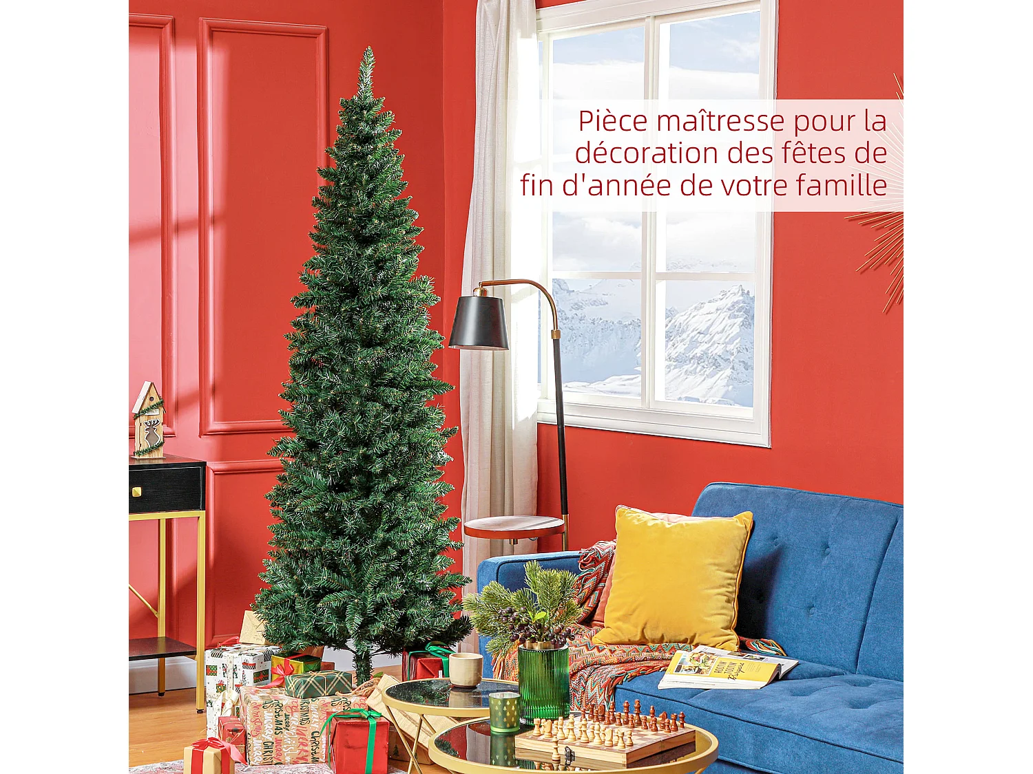 Sapin de Noël artificiel 210 cm slim avec support en acier pliable, 687 branches épines, décoration de Noël effet réaliste, vert