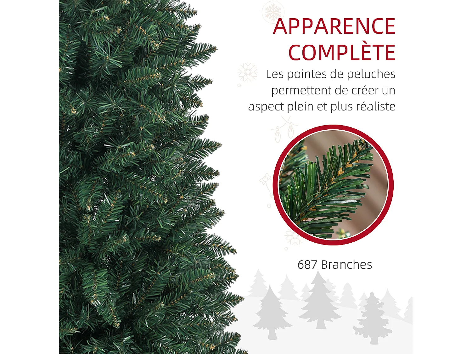 Sapin de Noël artificiel 210 cm slim avec support en acier pliable, 687 branches épines, décoration de Noël effet réaliste, vert