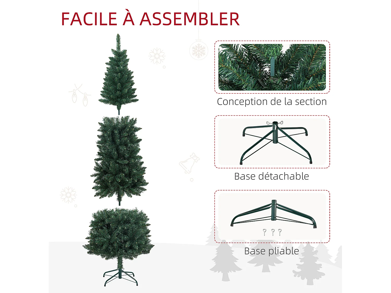 Sapin de Noël artificiel 210 cm slim avec support en acier pliable, 687 branches épines, décoration de Noël effet réaliste, vert
