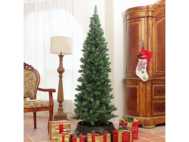 Sapin de Noël artificiel H.180 cm 618 branches 50 pommes de pin effet enneigé blanc vert