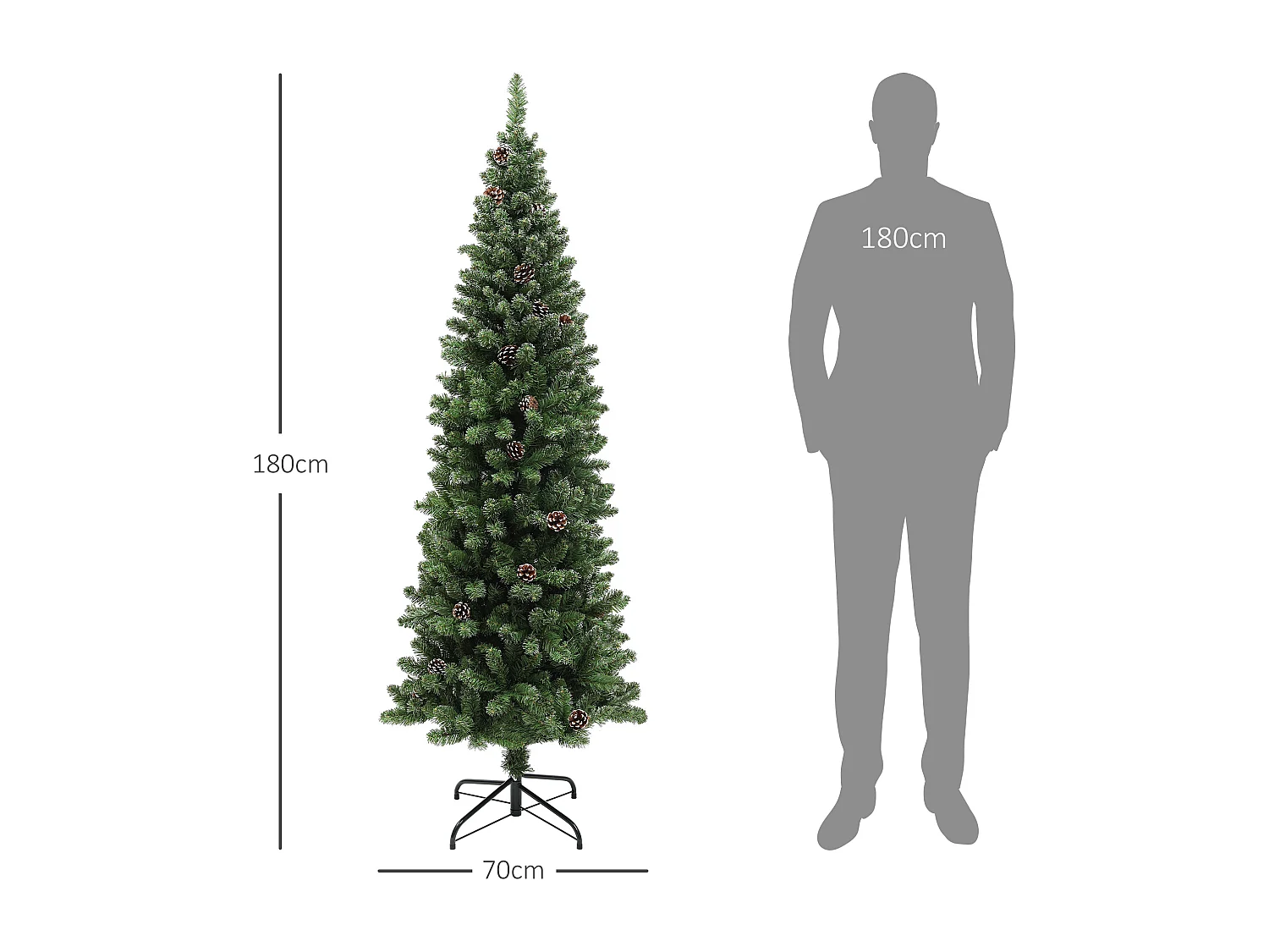 Sapin de Noël artificiel H.180 cm 618 branches 50 pommes de pin effet enneigé blanc vert