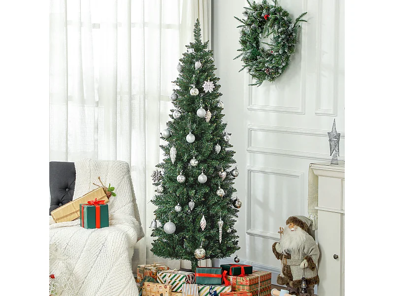 Sapin de Noël artificiel 180 cm slim avec support en acier pliable, 479 branches épines, décoration de Noël effet réaliste, vert