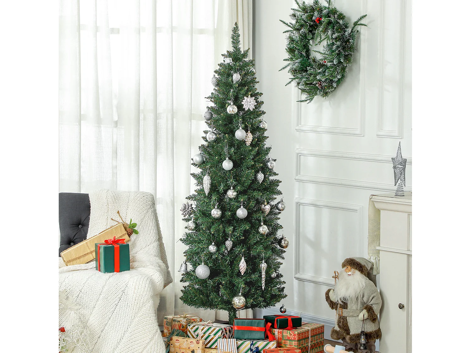 Sapin de Noël artificiel 180 cm slim avec support en acier pliable, 479 branches épines, décoration de Noël effet réaliste, vert