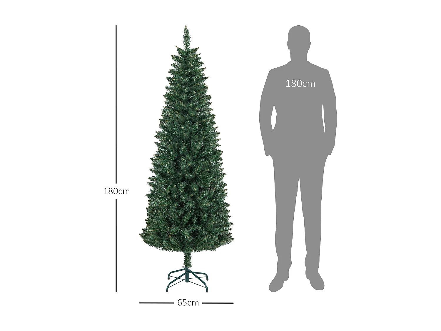 Sapin de Noël artificiel 180 cm slim avec support en acier pliable, 479 branches épines, décoration de Noël effet réaliste, vert