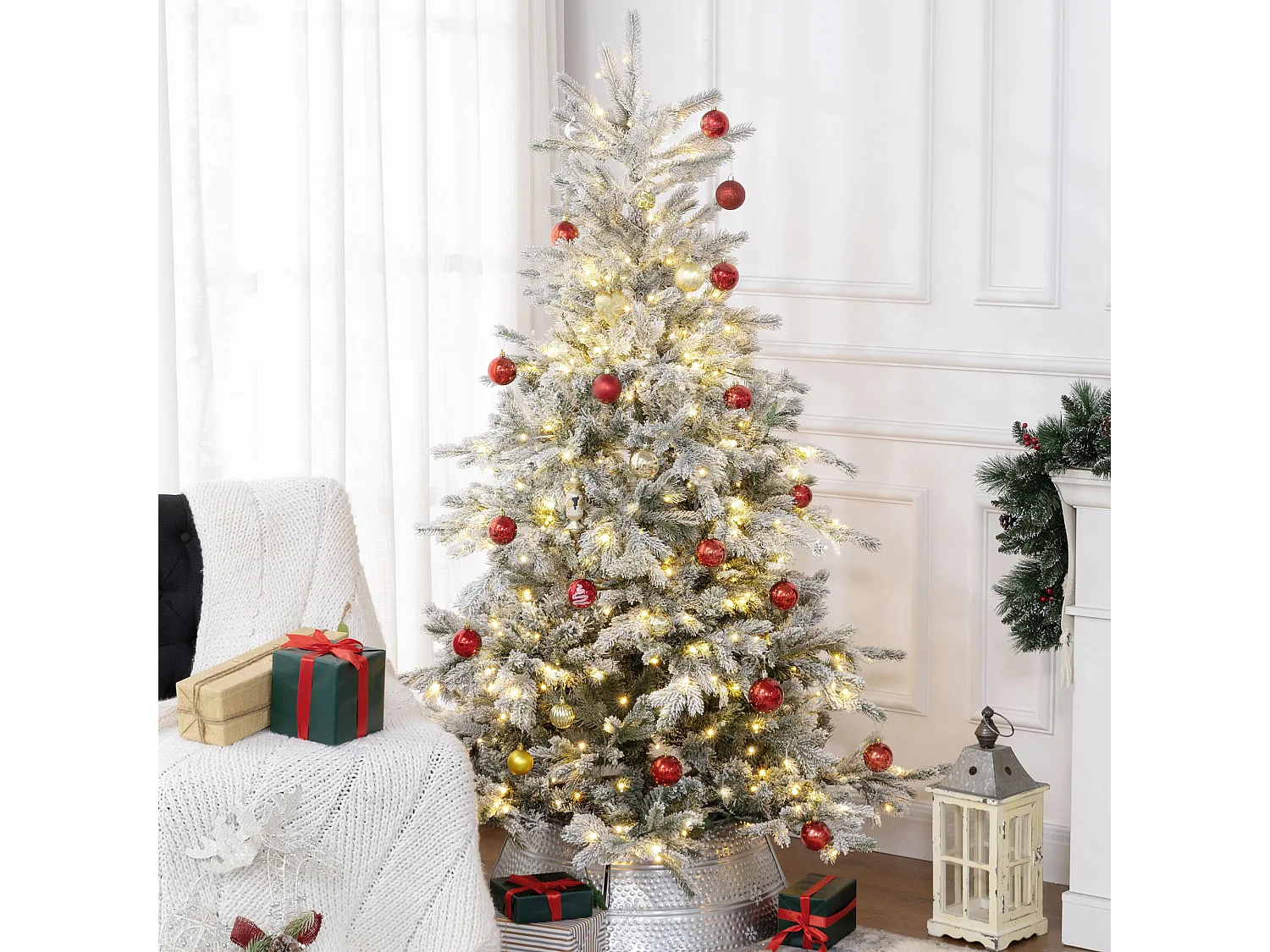 Sapin de Noël artificiel LED H.180 cm - sapin de Noël enneigé - 1321 branches 300 LED blanc chaud