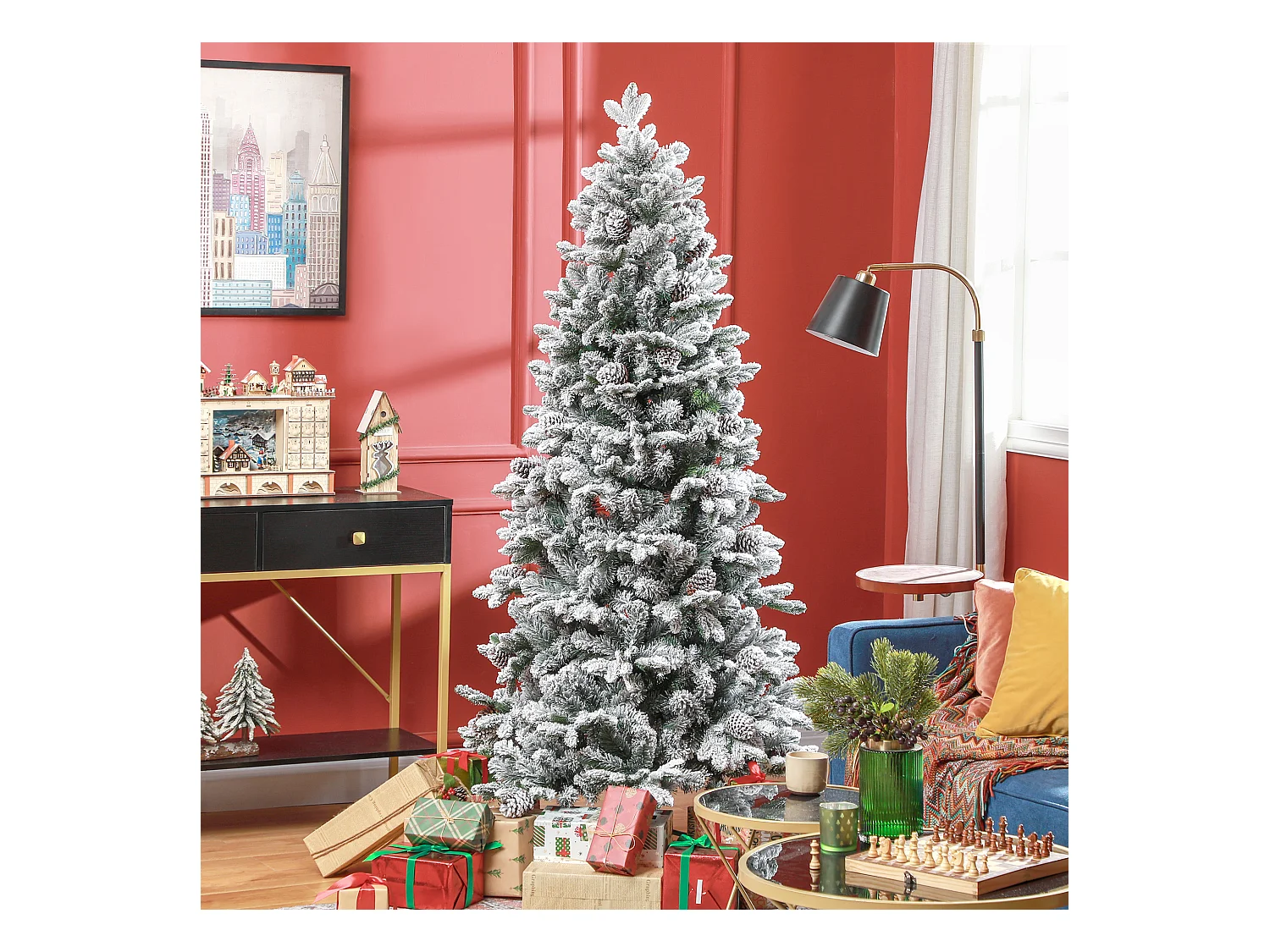 Sapin de Noël artificiel H.180 cm 1489 branches enneigées 33 pommes de pin métal PVC PE vert blanc
