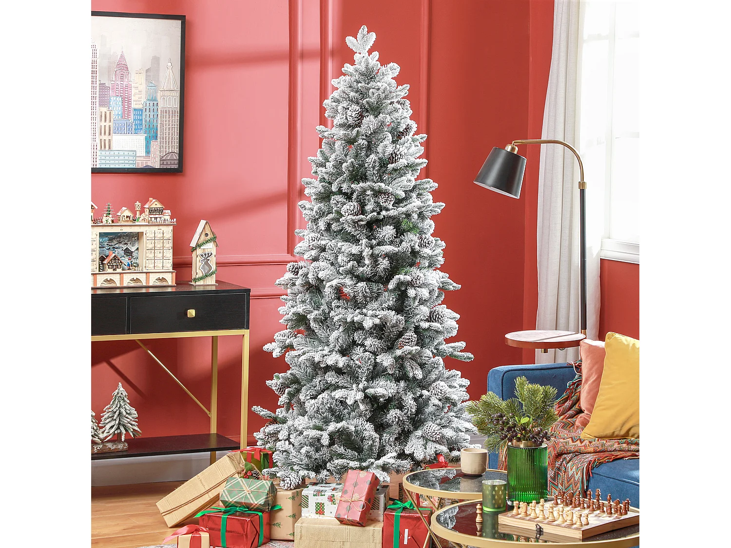 Sapin de Noël artificiel H.180 cm 1489 branches enneigées 33 pommes de pin métal PVC PE vert blanc