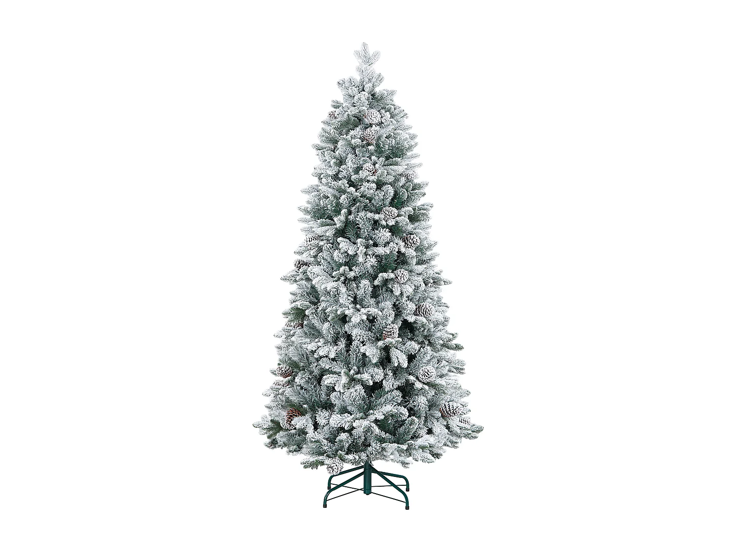 Sapin de Noël artificiel H.180 cm 1489 branches enneigées 33 pommes de pin métal PVC PE vert blanc
