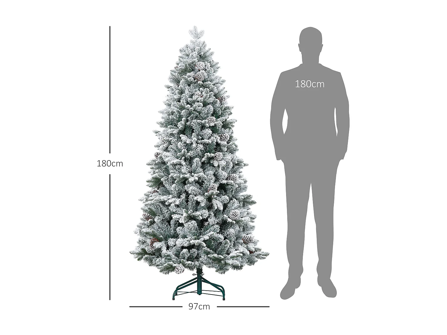 Sapin de Noël artificiel H.180 cm 1489 branches enneigées 33 pommes de pin métal PVC PE vert blanc