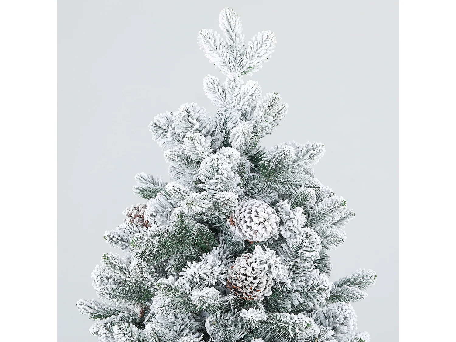 Sapin de Noël artificiel H.180 cm 1489 branches enneigées 33 pommes de pin métal PVC PE vert blanc