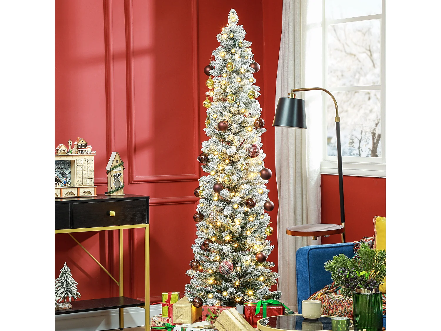 Sapin de Noël artificiel LED H.180 cm - sapin de Noël mince enneigé - 329 branches 150 LED blanc chaud