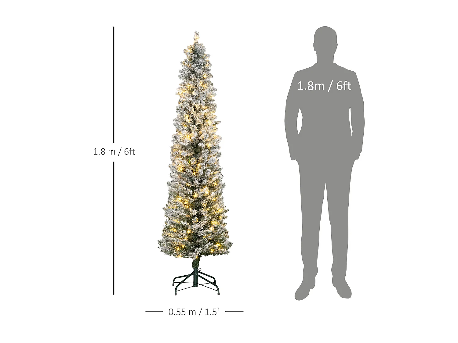 Sapin de Noël artificiel LED H.180 cm - sapin de Noël mince enneigé - 329 branches 150 LED blanc chaud