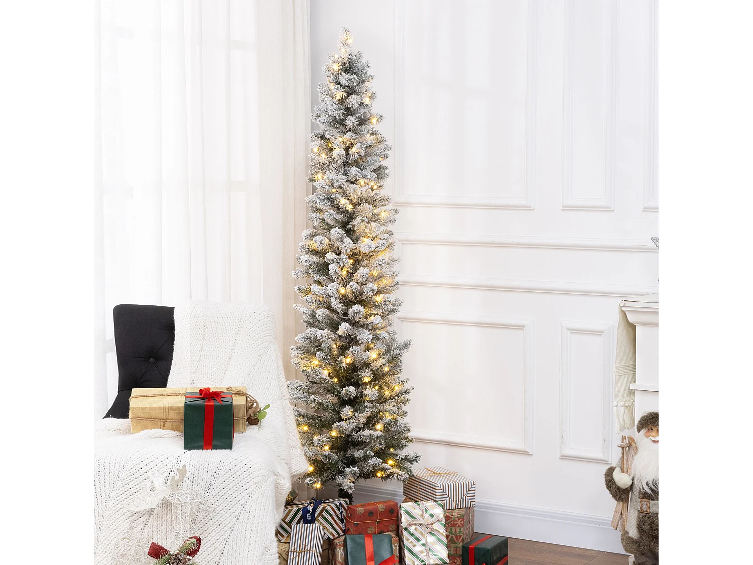Sapin de Noël artificiel LED H.180 cm - sapin de Noël mince enneigé - 329 branches 150 LED blanc chaud