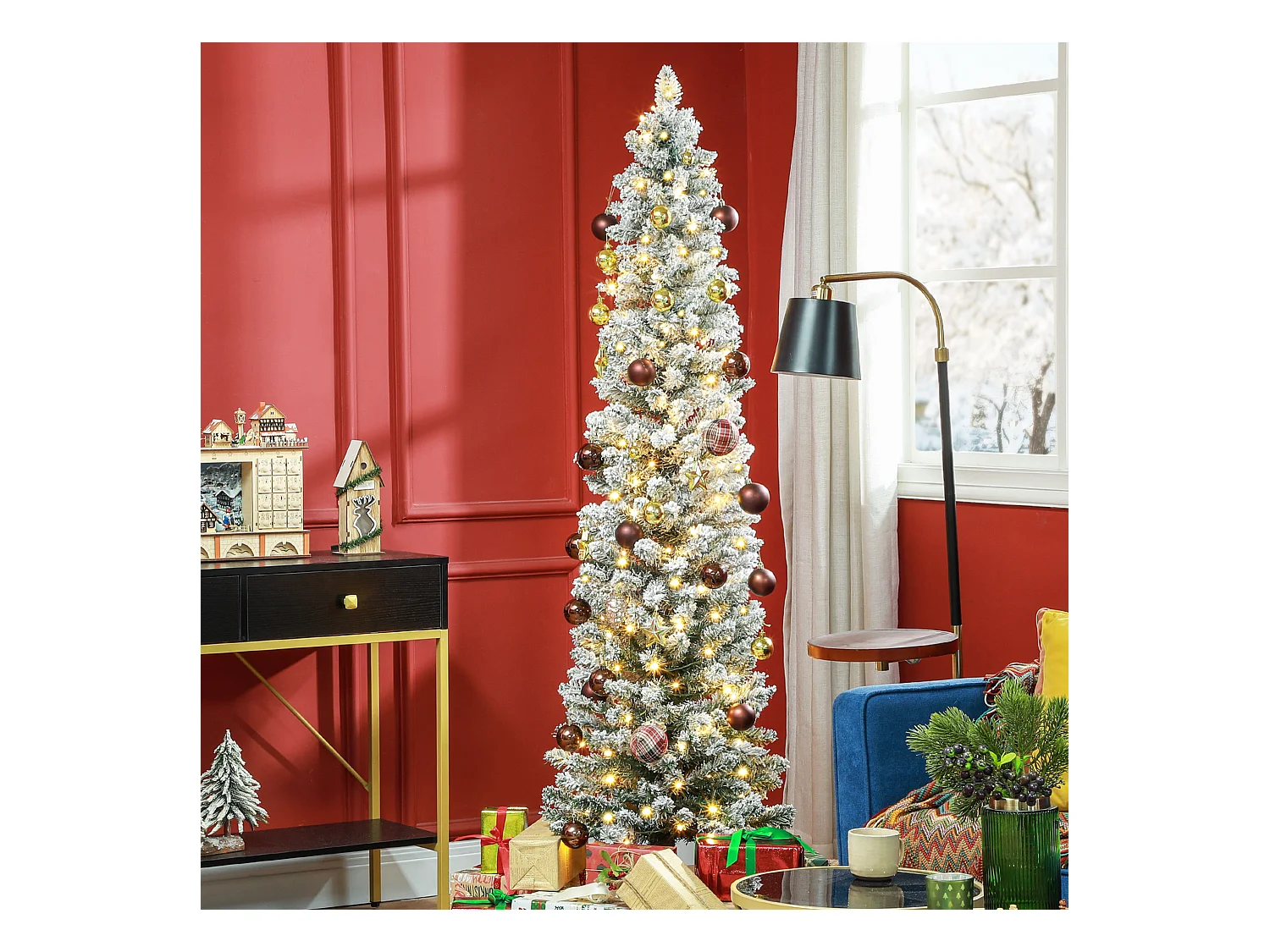 Sapin de Noël artificiel LED H.180 cm - sapin de Noël mince enneigé - 329 branches 150 LED blanc chaud