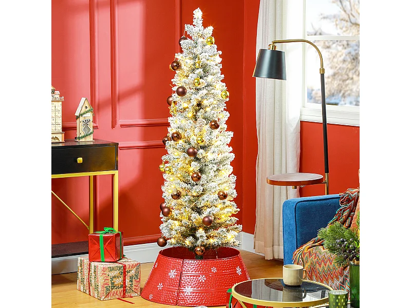 Sapin de Noël artificiel LED H.150 cm - sapin de Noël mince enneigé - 263 branches 120 LED blanc chaud