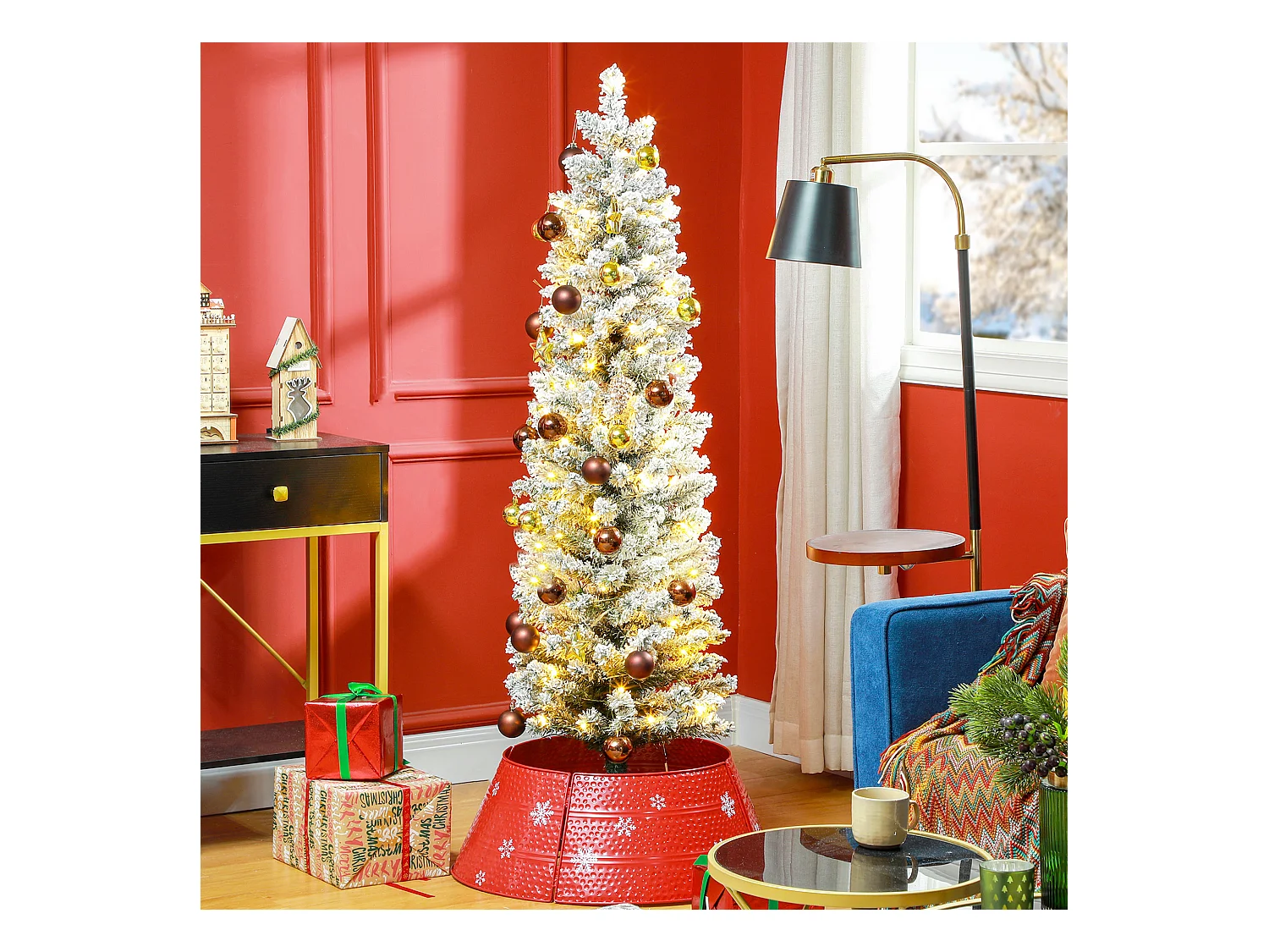 Sapin de Noël artificiel LED H.150 cm - sapin de Noël mince enneigé - 263 branches 120 LED blanc chaud