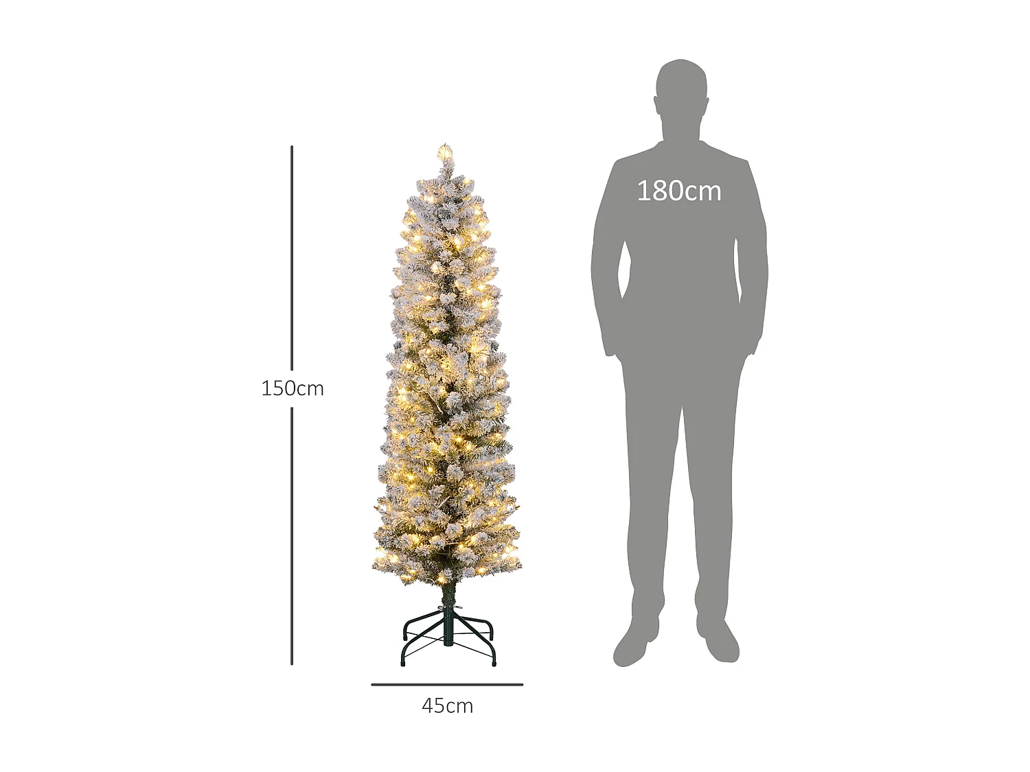 Sapin de Noël artificiel LED H.150 cm - sapin de Noël mince enneigé - 263 branches 120 LED blanc chaud