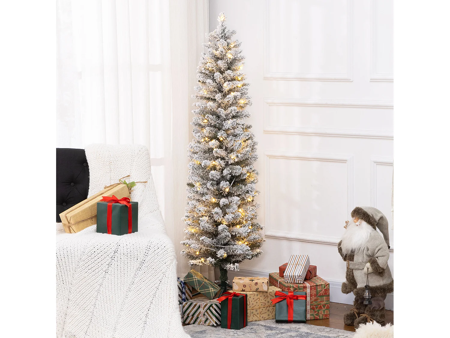 Sapin de Noël artificiel LED H.150 cm - sapin de Noël mince enneigé - 263 branches 120 LED blanc chaud