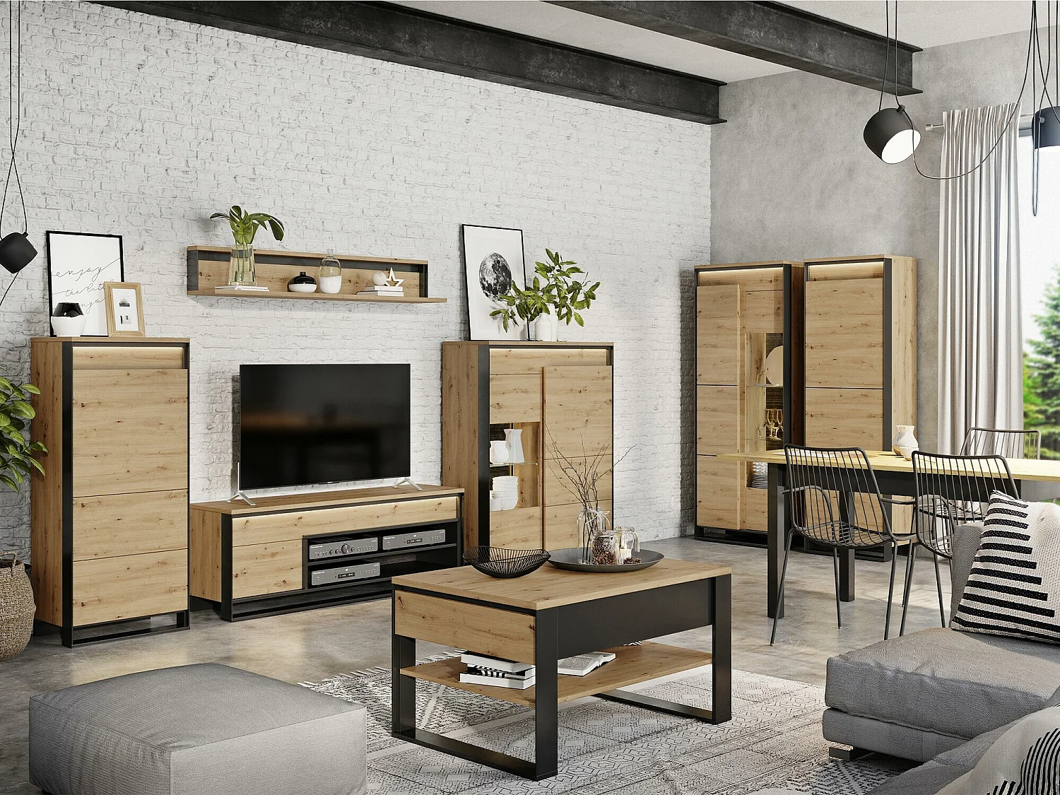 Meuble TV Luliru 103, Chêne Artisan|Noir, Le nombre de portes: 1, Nombre de tiroirs: 2,