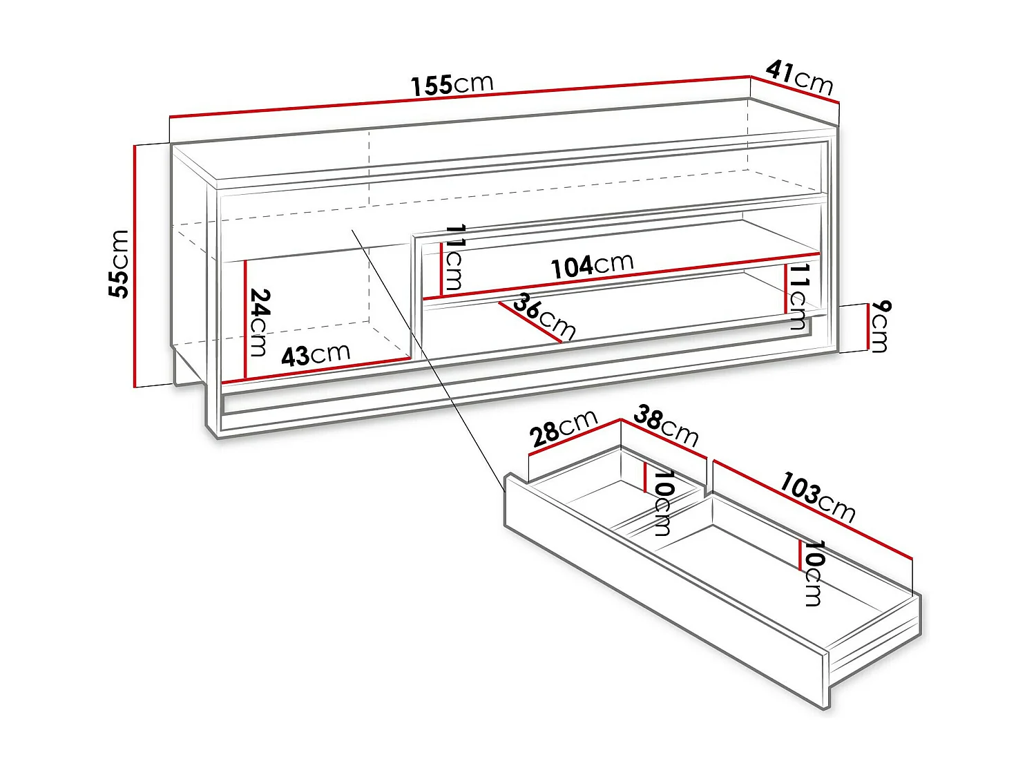 Meuble TV Luliru 103, Noir|Chêne Artisan, Le nombre de portes: 1, Nombre de tiroirs: 2,