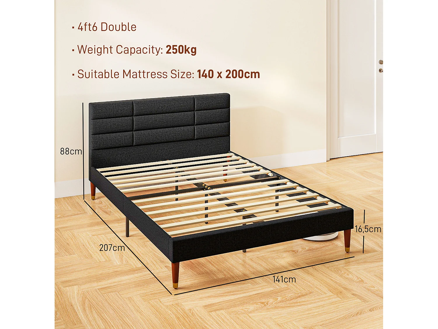 Lit double - tête de lit, pied de lit et sommier - compatible matelas 140 x 200 cm - tissu noir