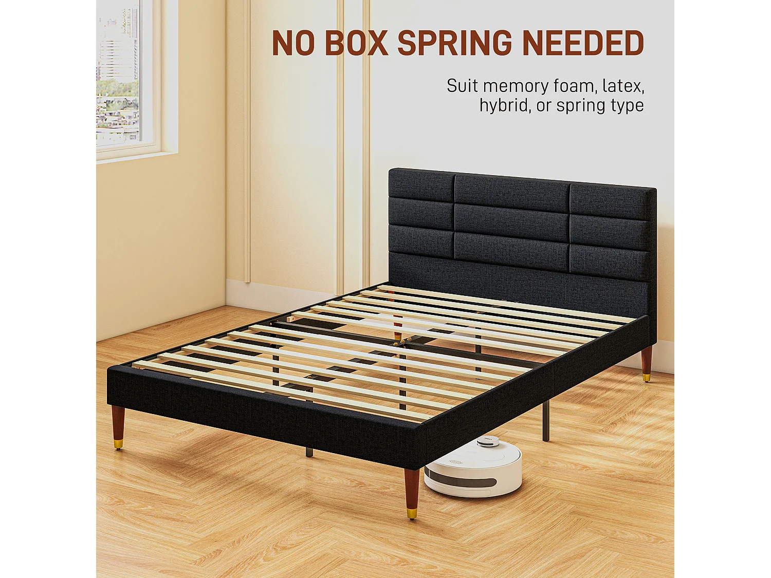 Lit double - tête de lit, pied de lit et sommier - compatible matelas 140 x 200 cm - tissu noir