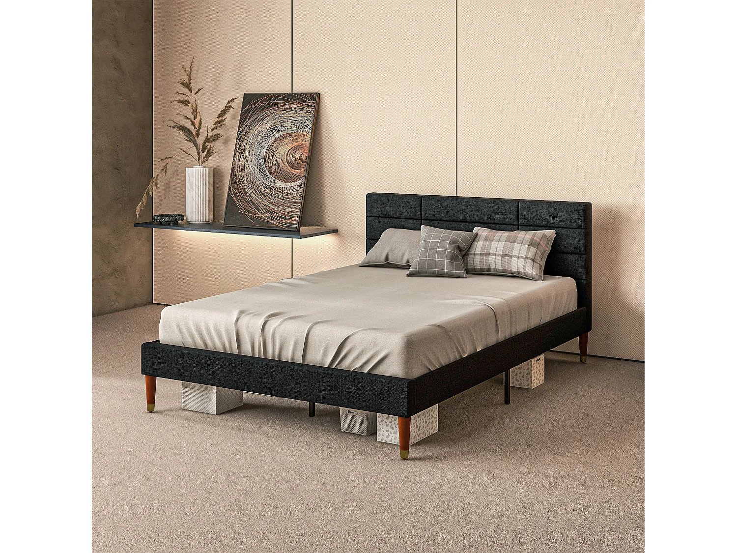 Lit double - tête de lit, pied de lit et sommier - compatible matelas 140 x 200 cm - tissu noir