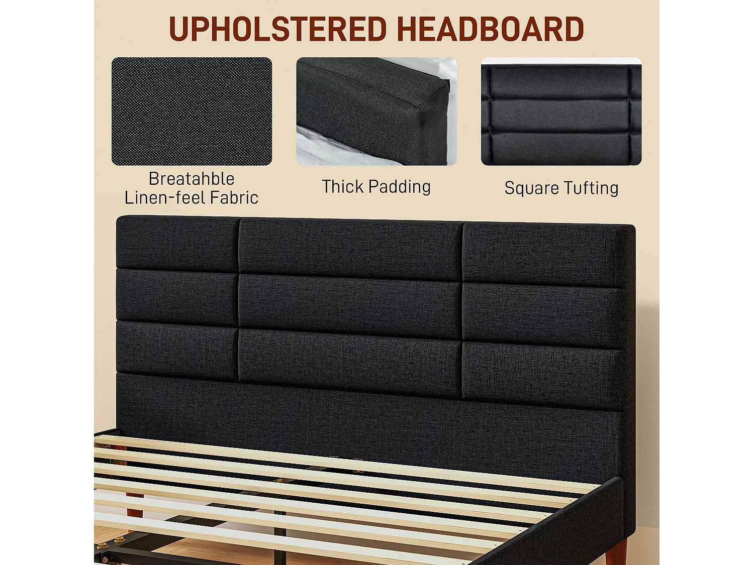 Lit double - tête de lit, pied de lit et sommier - compatible matelas 140 x 200 cm - tissu noir