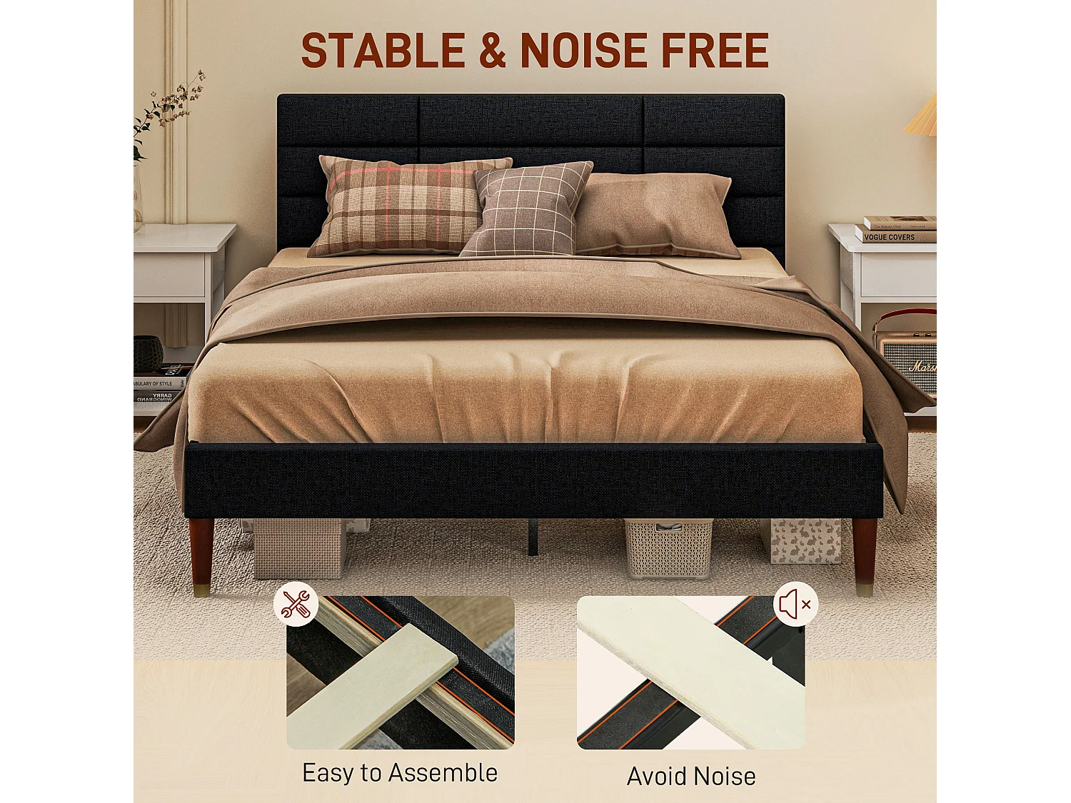 Lit double - tête de lit, pied de lit et sommier - compatible matelas 140 x 200 cm - tissu noir