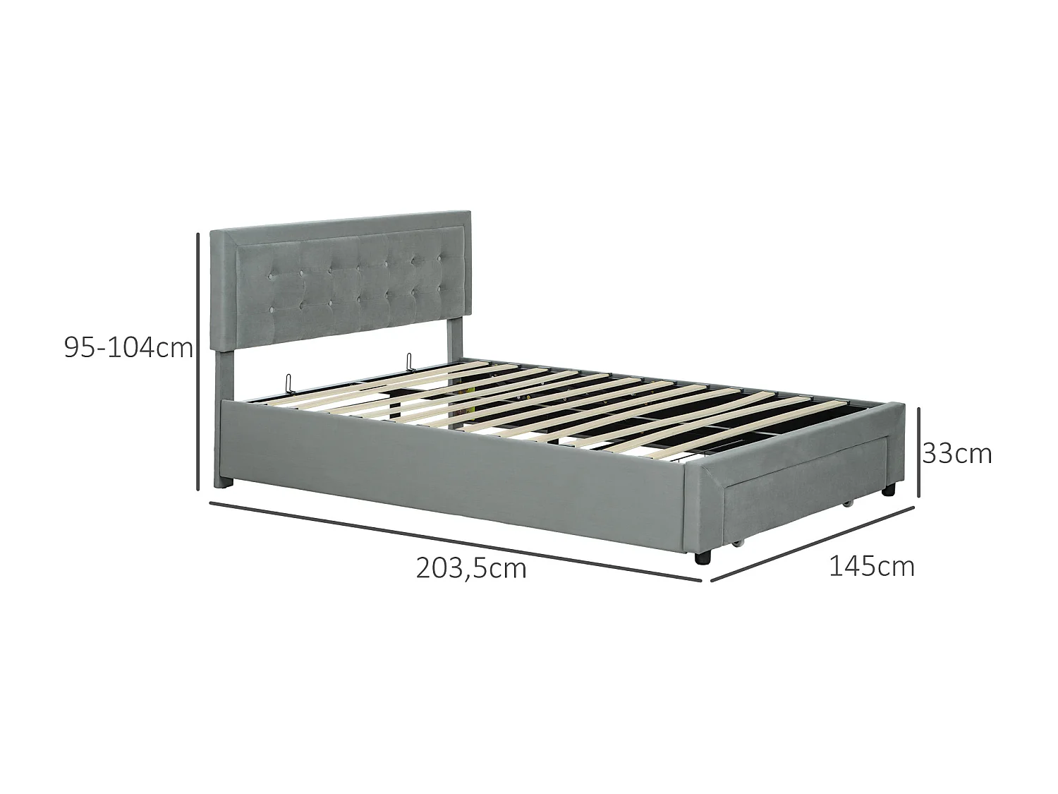 Lit double coffre - tête de lit, pied de lit et sommier - compatible matelas 140 x 200 cm - velours gris