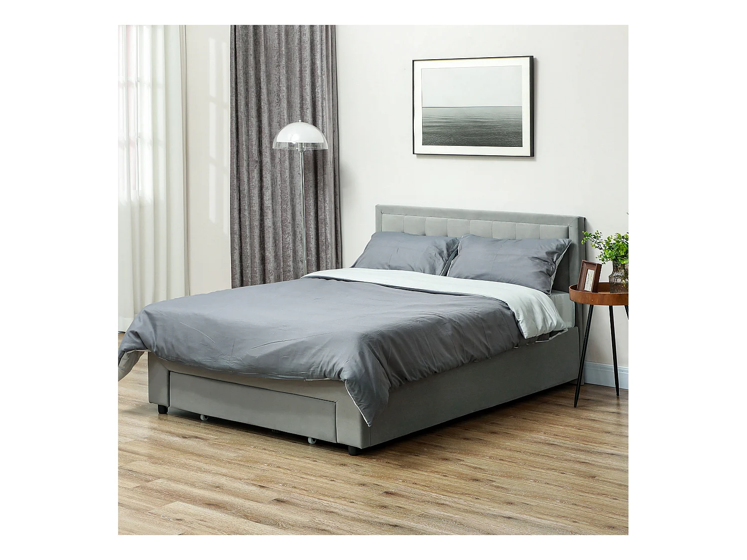 Lit double coffre - tête de lit, pied de lit et sommier - compatible matelas 140 x 200 cm - velours gris