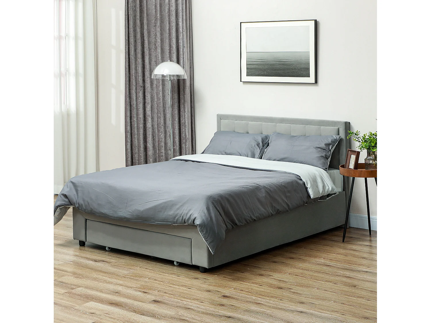 Lit double coffre - tête de lit, pied de lit et sommier - compatible matelas 140 x 200 cm - velours gris