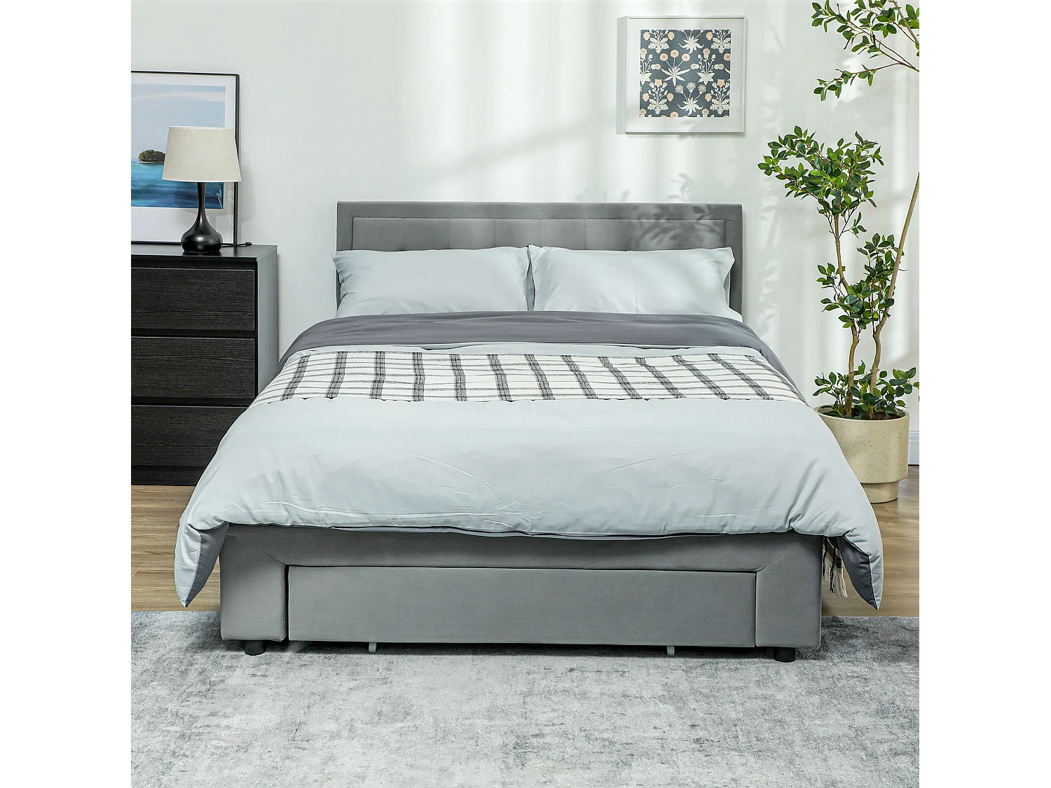 Lit double coffre - tête de lit, pied de lit et sommier - compatible matelas 140 x 200 cm - velours gris