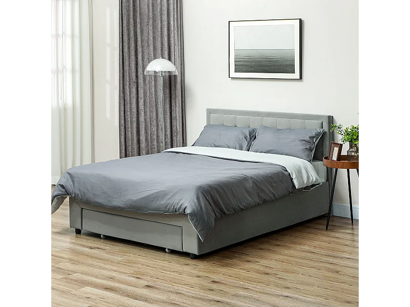Lit double coffre - tête de lit, pied de lit et sommier - compatible matelas 140 x 200 cm - velours gris