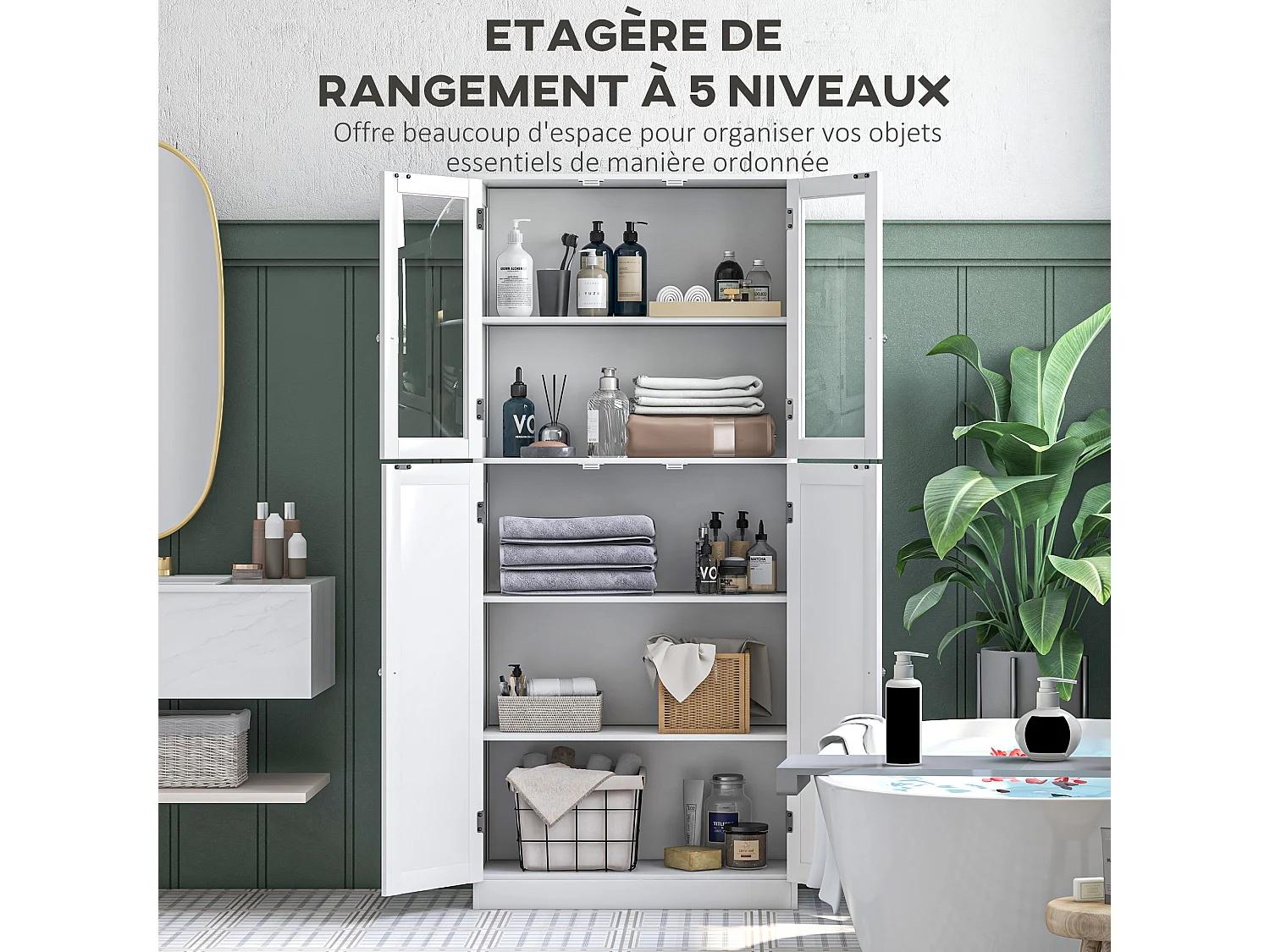 Buffet haut salle de bain moderne - 4 portes, 3 étagères - verre trempé MDF blanc