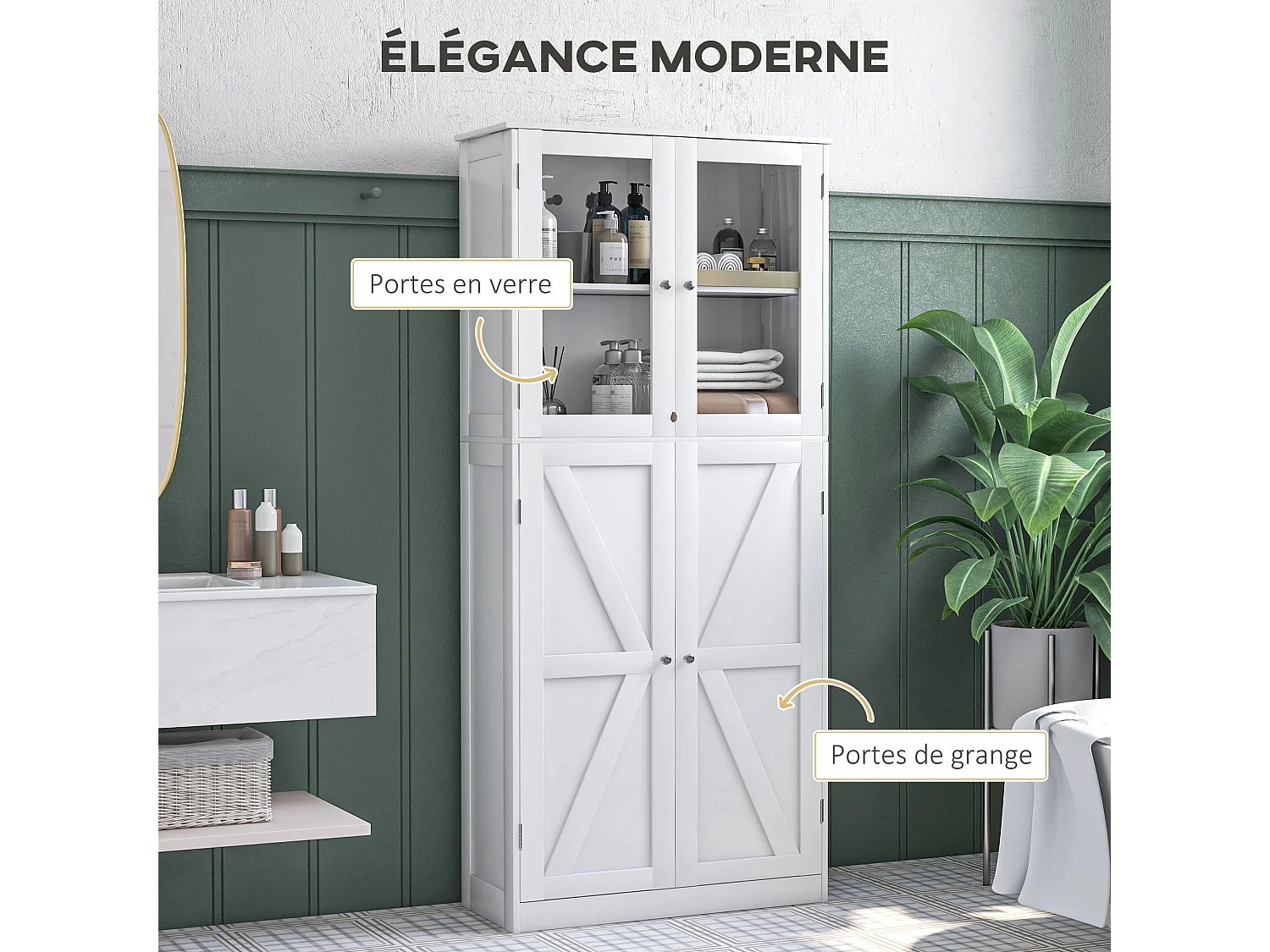 Buffet haut salle de bain moderne - 4 portes, 3 étagères - verre trempé MDF blanc