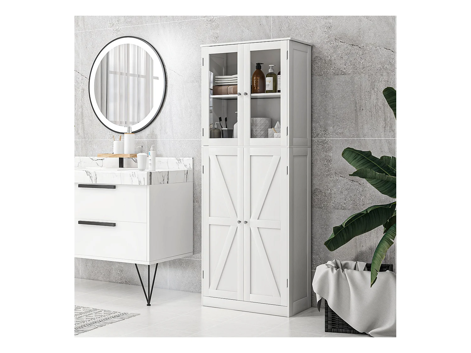 Buffet haut salle de bain moderne - 4 portes, 3 étagères - verre trempé MDF blanc