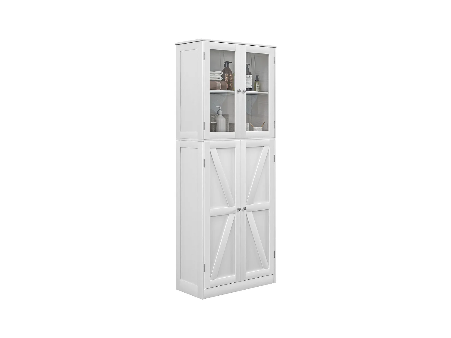 Buffet haut salle de bain moderne - 4 portes, 3 étagères - verre trempé MDF blanc