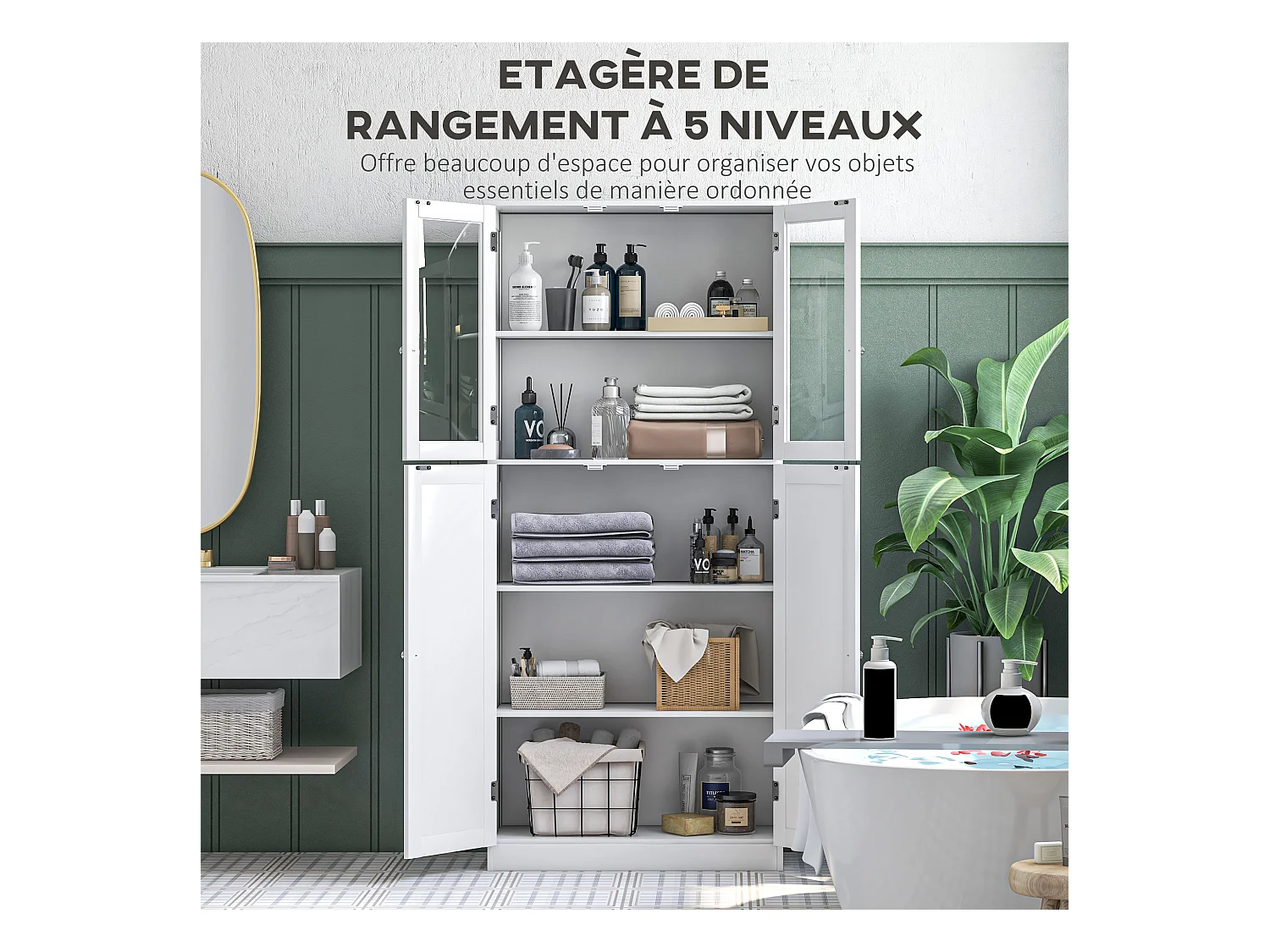 Buffet haut salle de bain moderne - 4 portes, 3 étagères - verre trempé MDF blanc