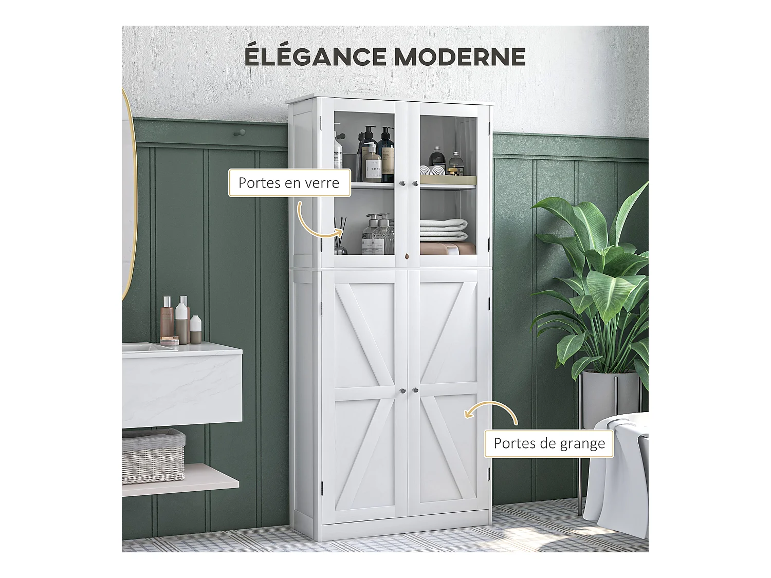 Buffet haut salle de bain moderne - 4 portes, 3 étagères - verre trempé MDF blanc