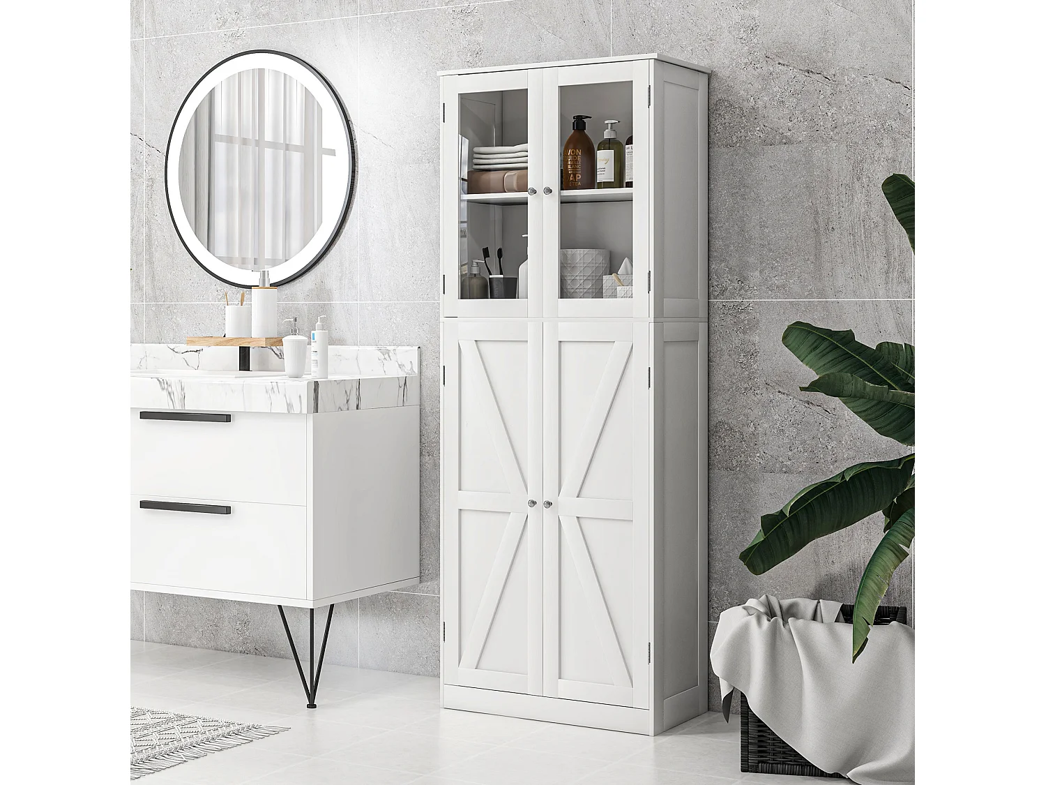 Buffet haut salle de bain moderne - 4 portes, 3 étagères - verre trempé MDF blanc