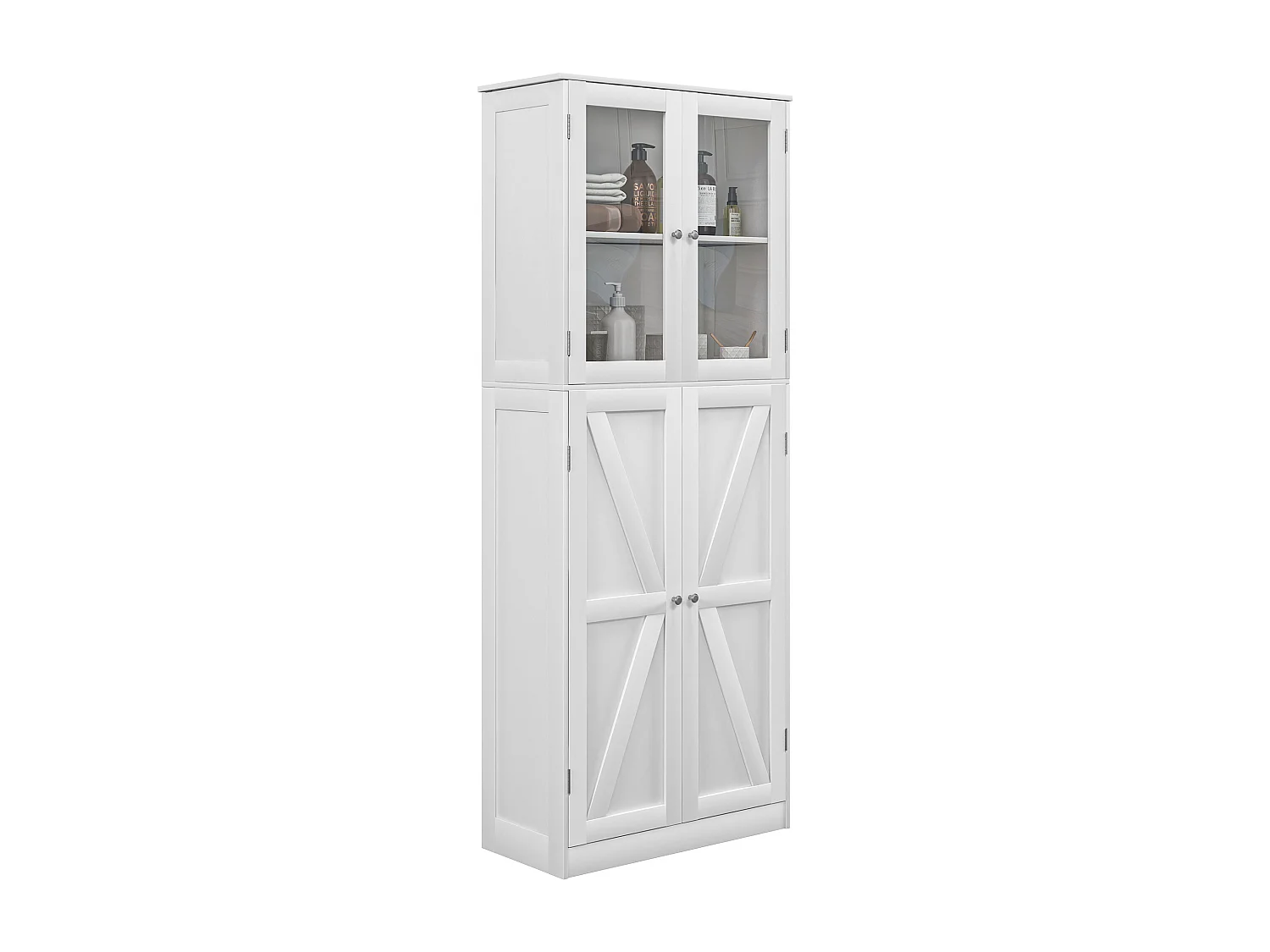 Buffet haut salle de bain moderne - 4 portes, 3 étagères - verre trempé MDF blanc