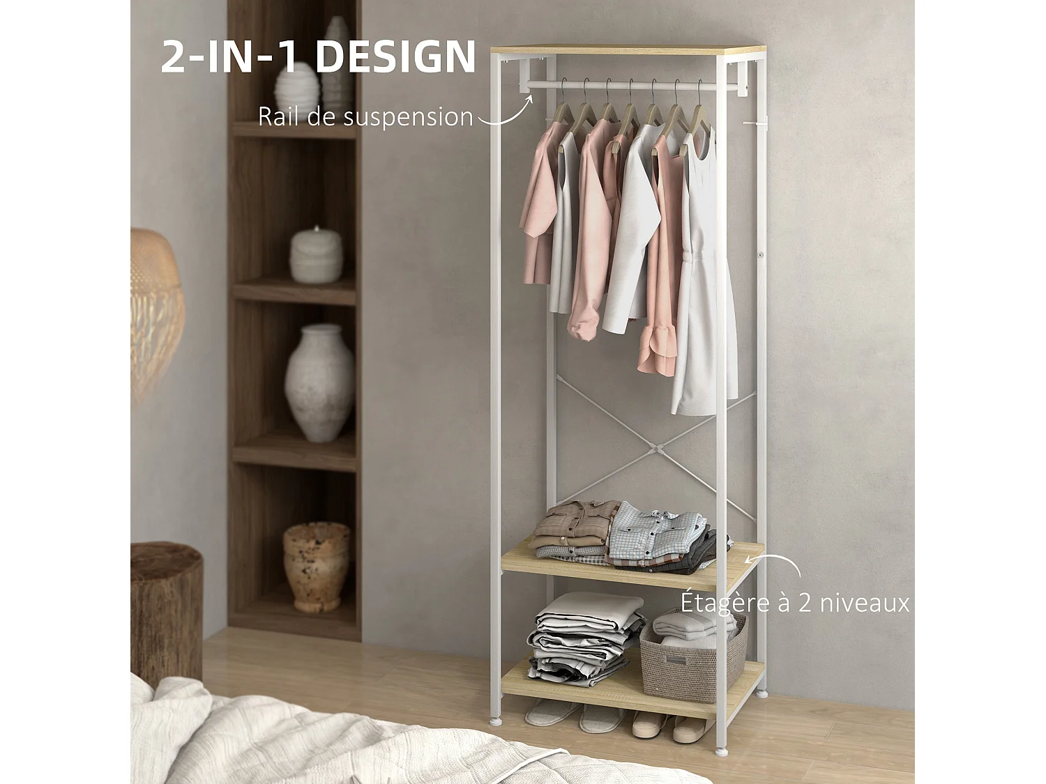 Penderie vestiaire d'entrée 2 étagères tringle acier blanc panneaux aspect bois clair