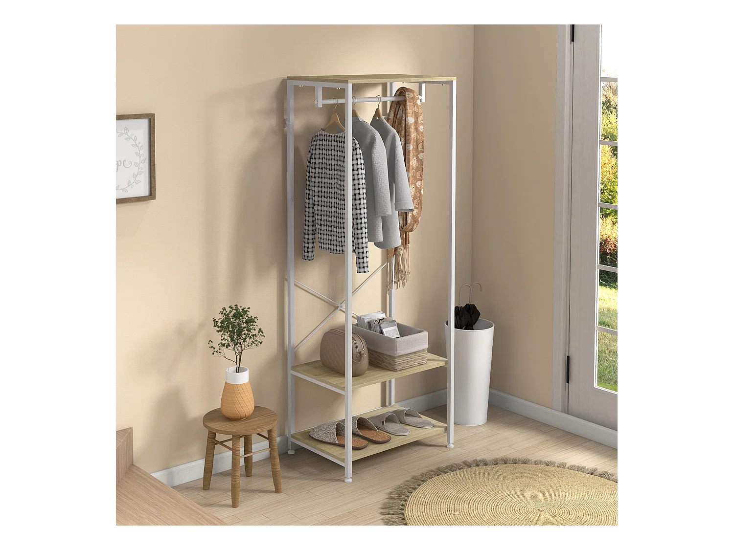Penderie vestiaire d'entrée 2 étagères tringle acier blanc panneaux aspect bois clair