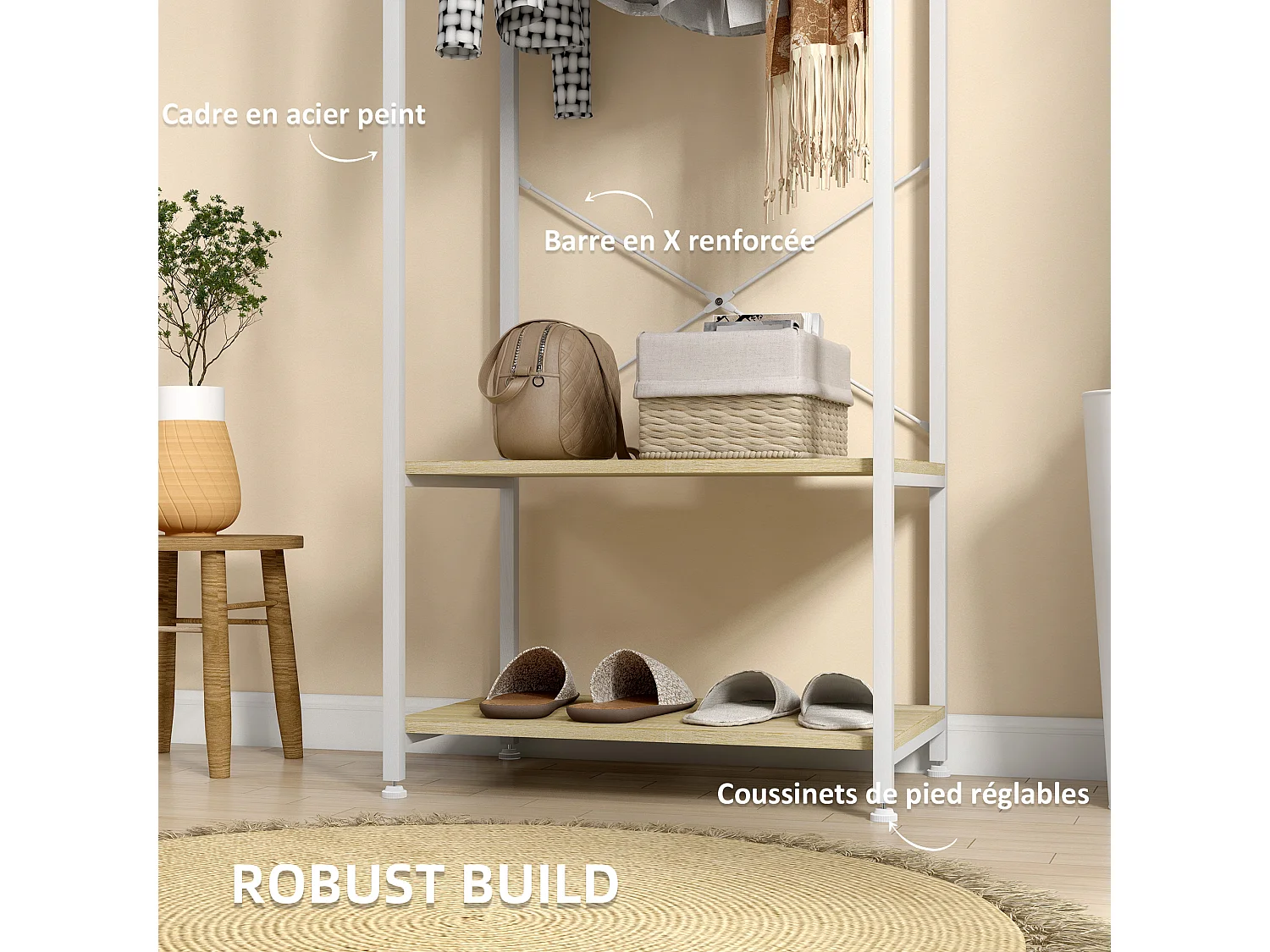 Penderie vestiaire d'entrée 2 étagères tringle acier blanc panneaux aspect bois clair